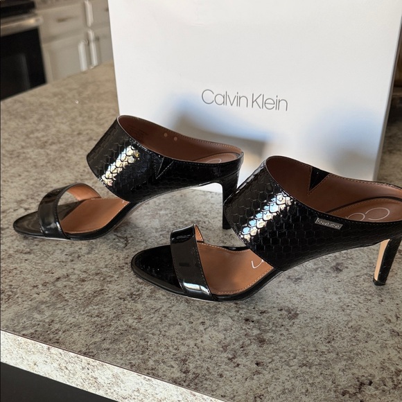 Calvin Klein Glossy Black Heeled Mules - Picture 4 of 7